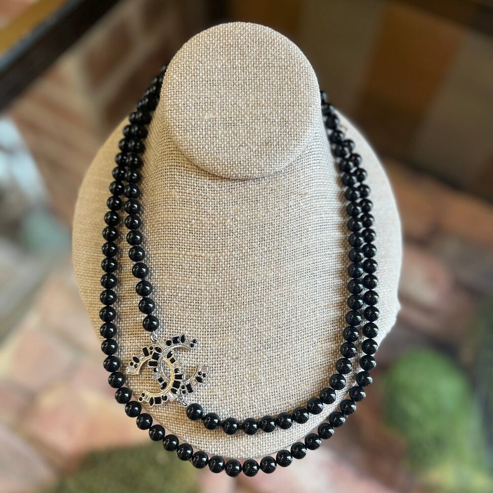 CHANEL CC Crystal Embellished Black Faux Pearl Necklace